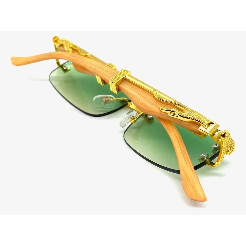 Premium Tinted Lenses Cheetah Ornament Rimless Eyewear  Green Sunglasses Women